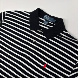 Polo Ralph Lauren Mens Large Black White Striped Polo Shirt Red Pony Cotton